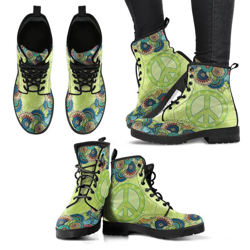 Leather Boots - Mandala Peace Green