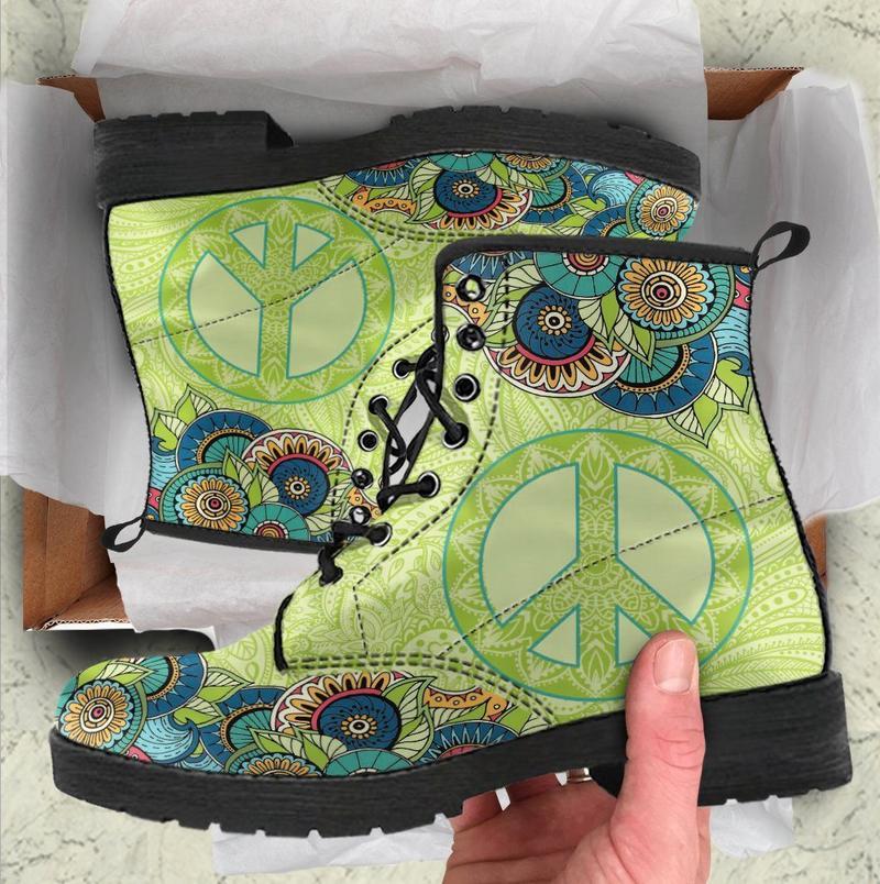 Leather Boots - Mandala Peace Green