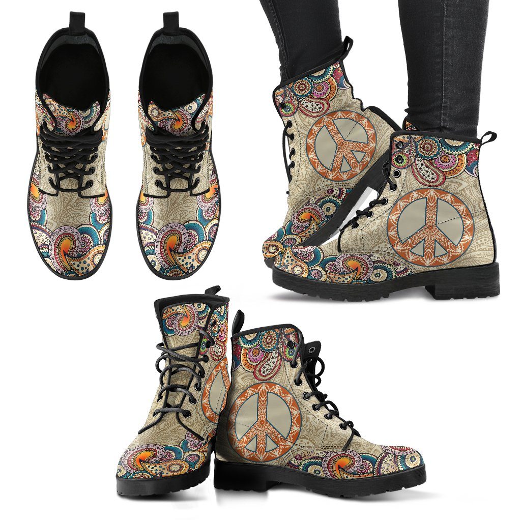 Leather Boots - Mandala Peace Sign