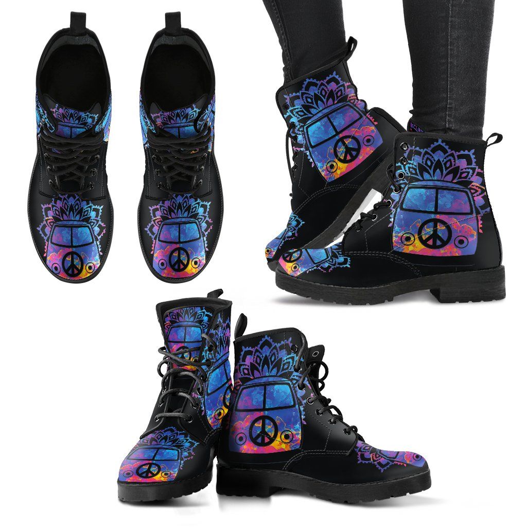 Leather Boots - Peace Hippie Black Bus