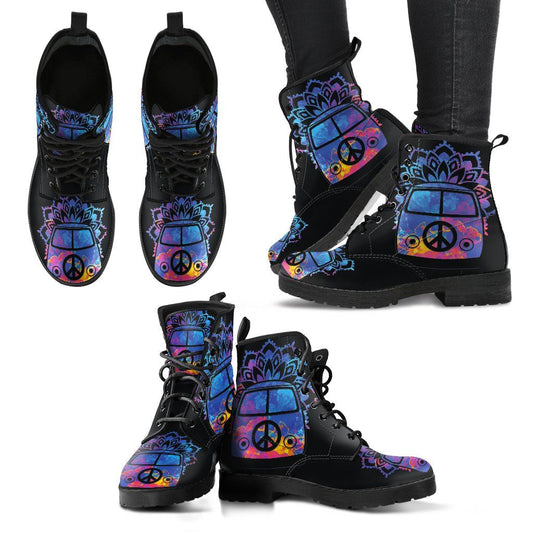 Leather Boots - Peace Hippie Black Bus