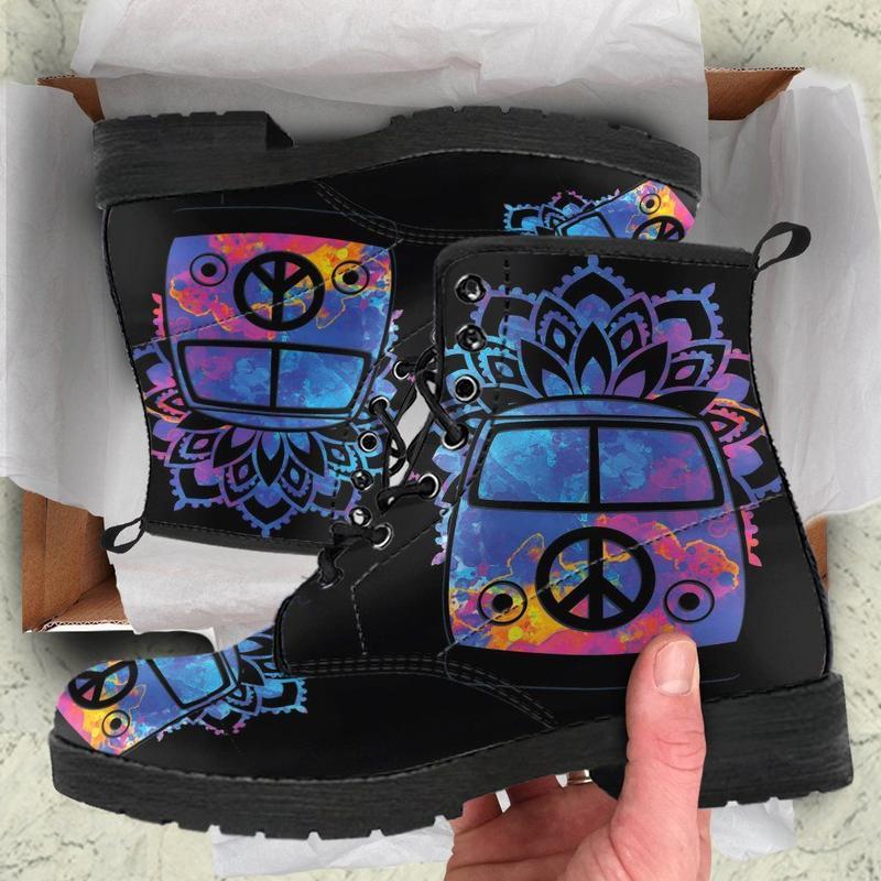 Leather Boots - Peace Hippie Black Bus