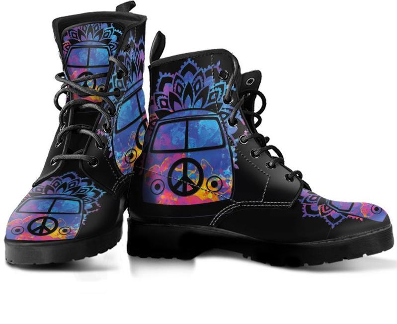 Leather Boots - Peace Hippie Black Bus