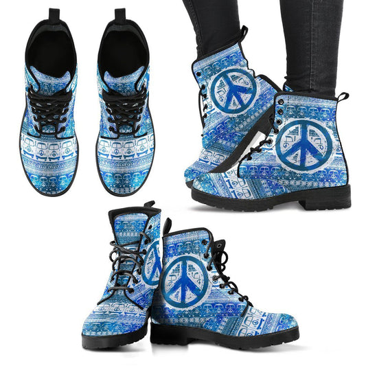 Leather Boots - Peace Hippie Bus Blue