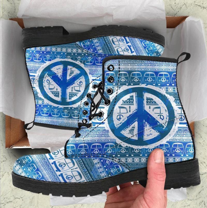 Leather Boots - Peace Hippie Bus Blue