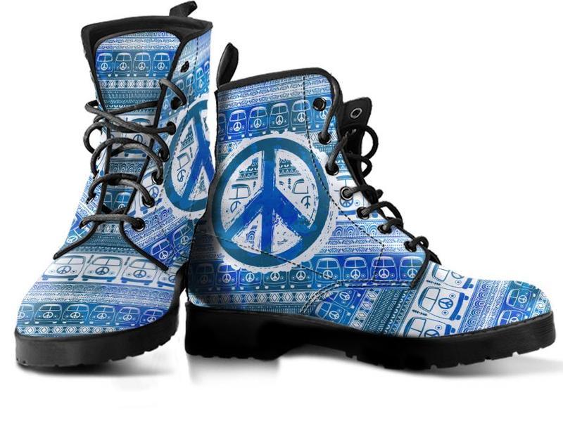 Leather Boots - Peace Hippie Bus Blue