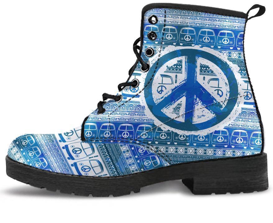 Leather Boots - Peace Hippie Bus Blue