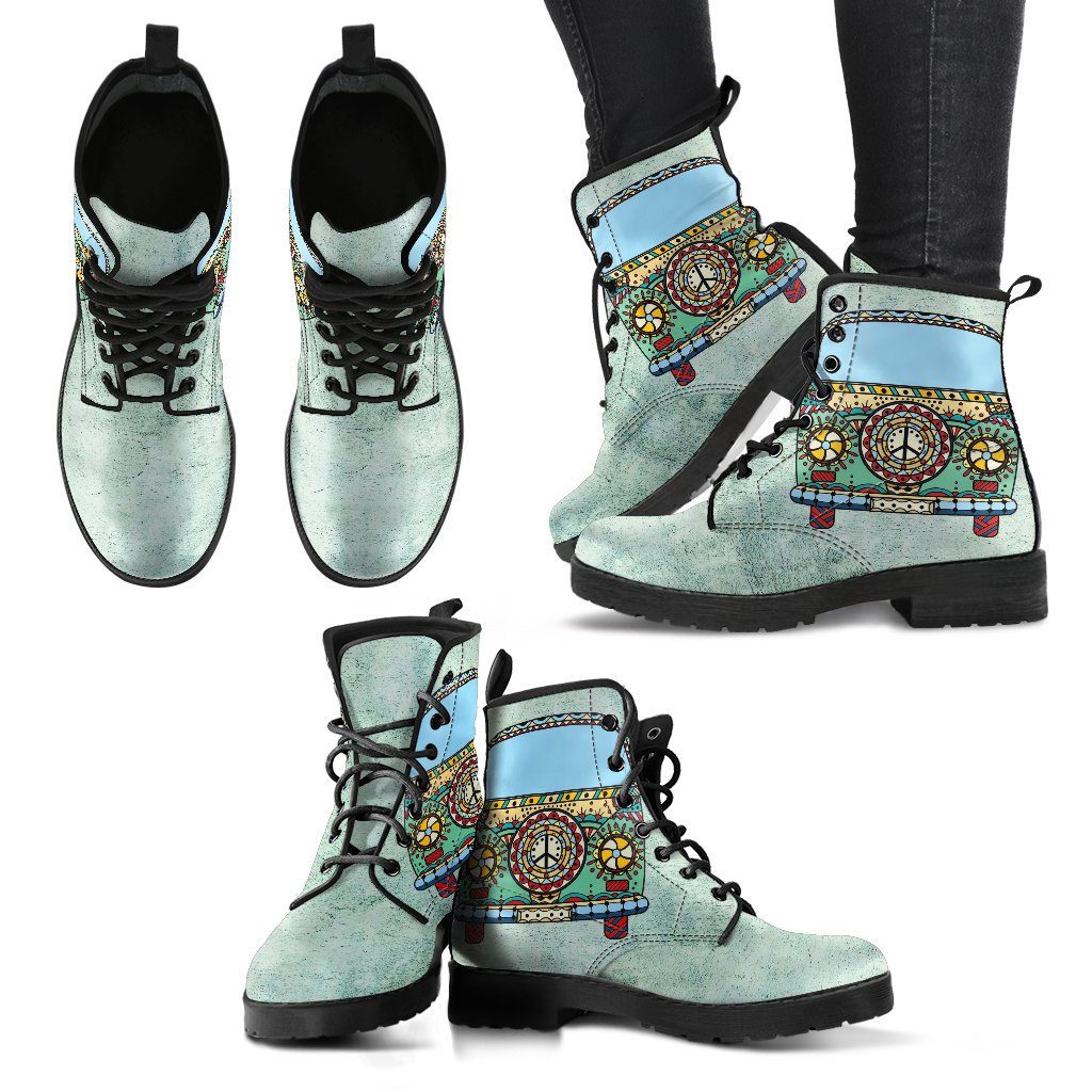 Leather Boots - Peace Hippie Bus Mint Green