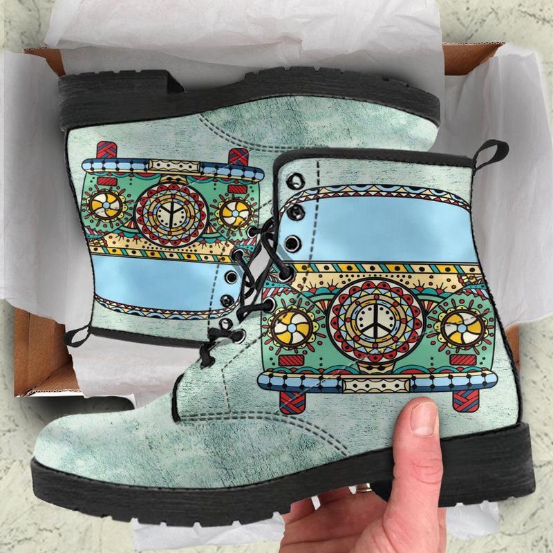 Leather Boots - Peace Hippie Bus Mint Green