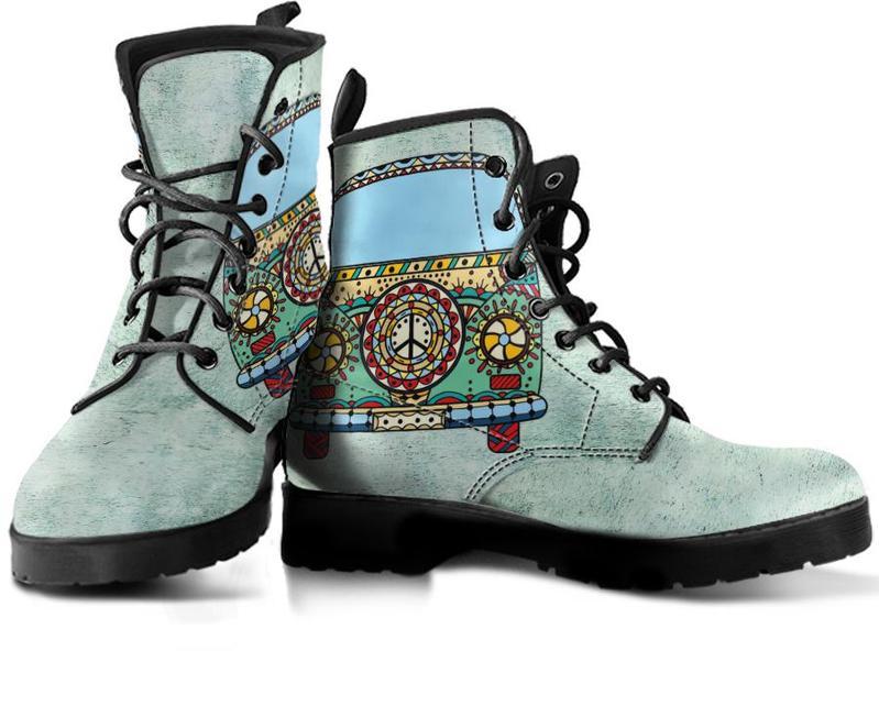 Leather Boots - Peace Hippie Bus Mint Green