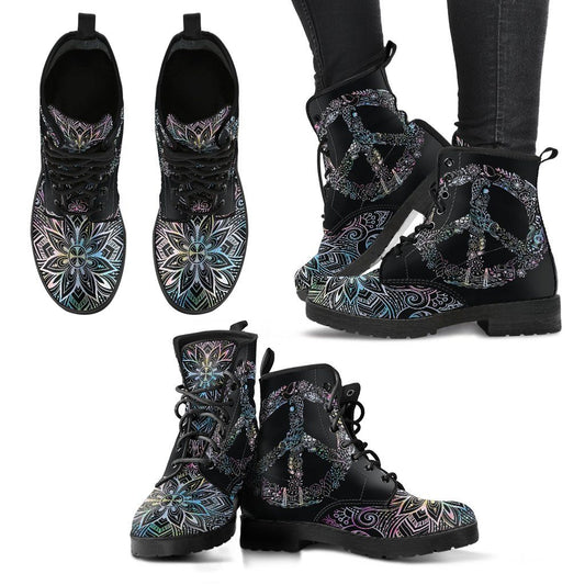 Leather Boots - Peace Mandala Black