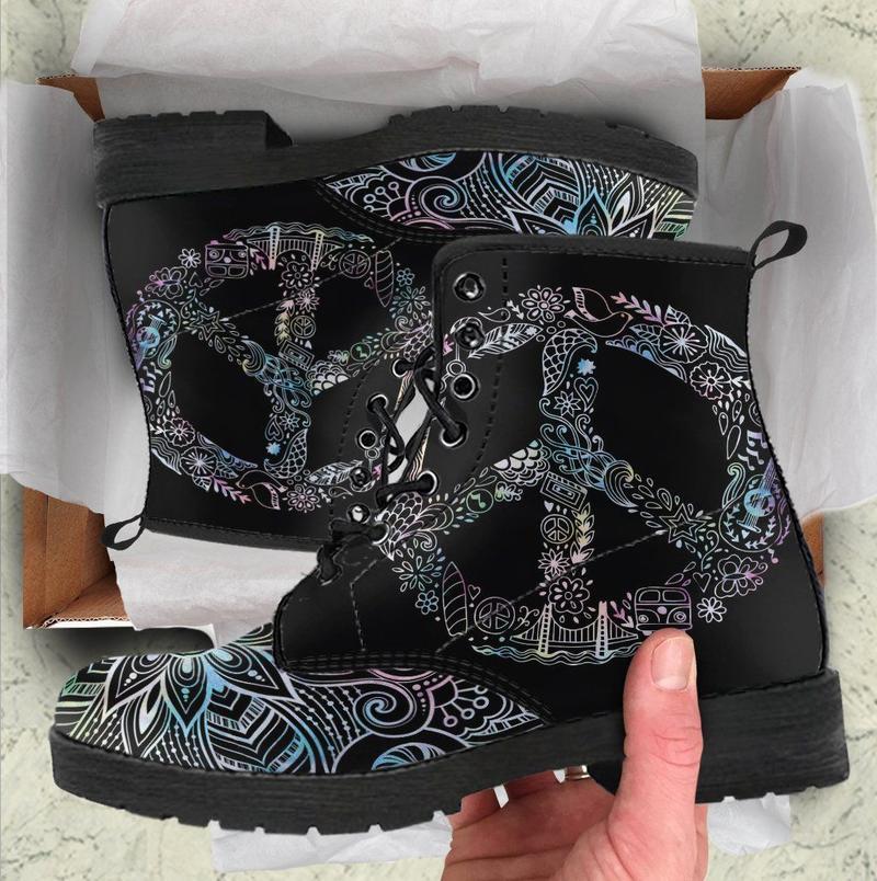 Leather Boots - Peace Mandala Black