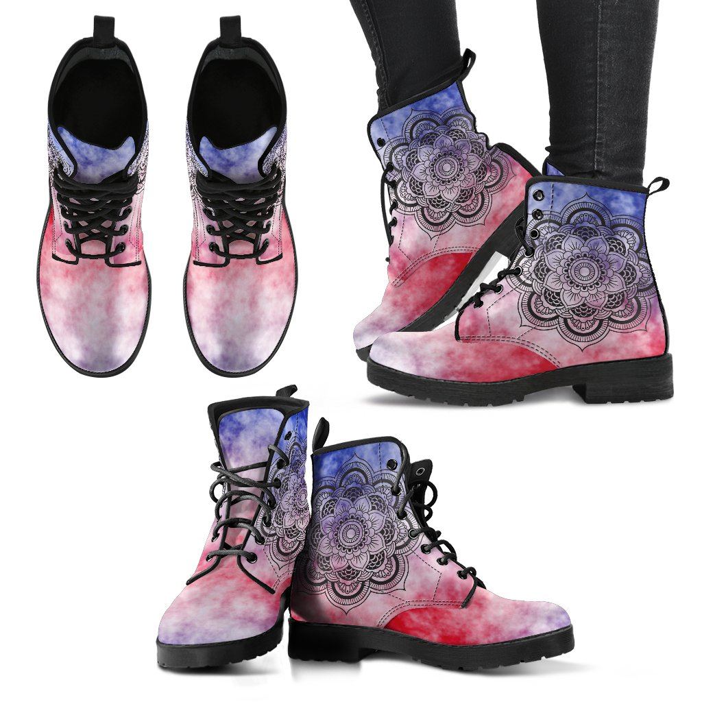 Leather Boots - Red Tie Dye Mandala