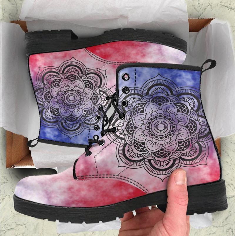 Leather Boots - Red Tie Dye Mandala