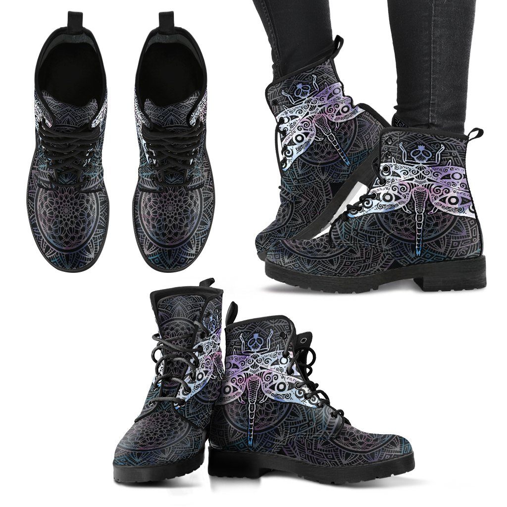 Leather Boots - Watercolor Dragonfly Mandala