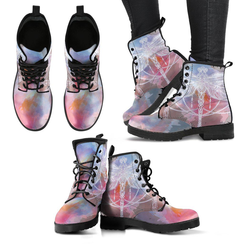 Leather Boots - Watercolor Dragonfly Mandala