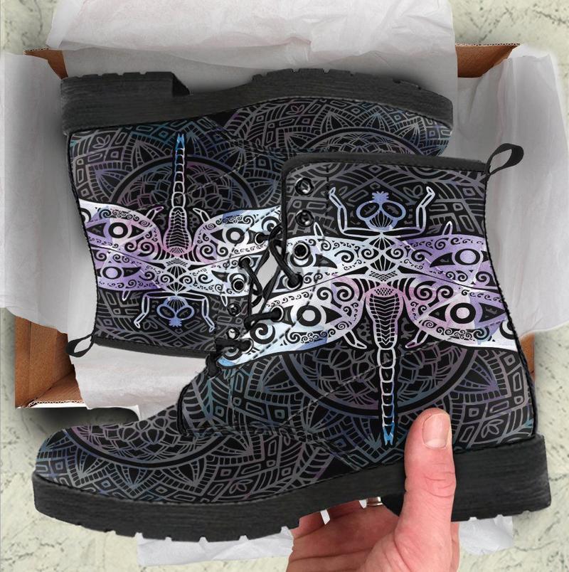 Leather Boots - Watercolor Dragonfly Mandala