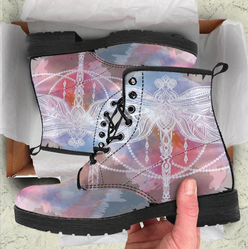 Leather Boots - Watercolor Dragonfly Mandala