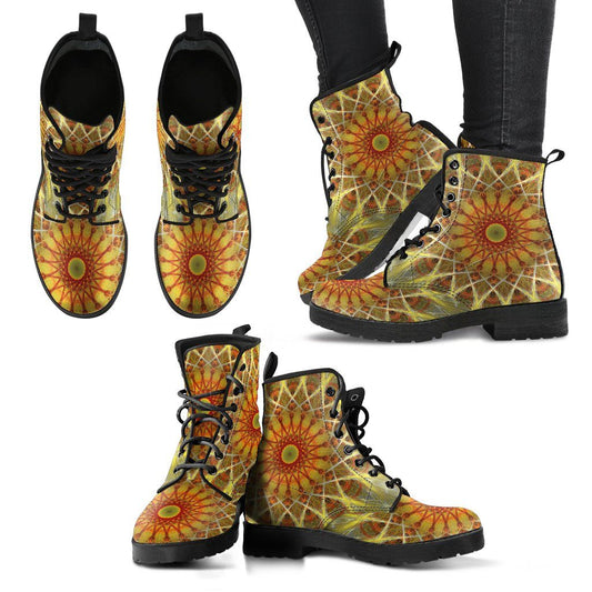 Leather Boots - Yellow Fractal Mandala