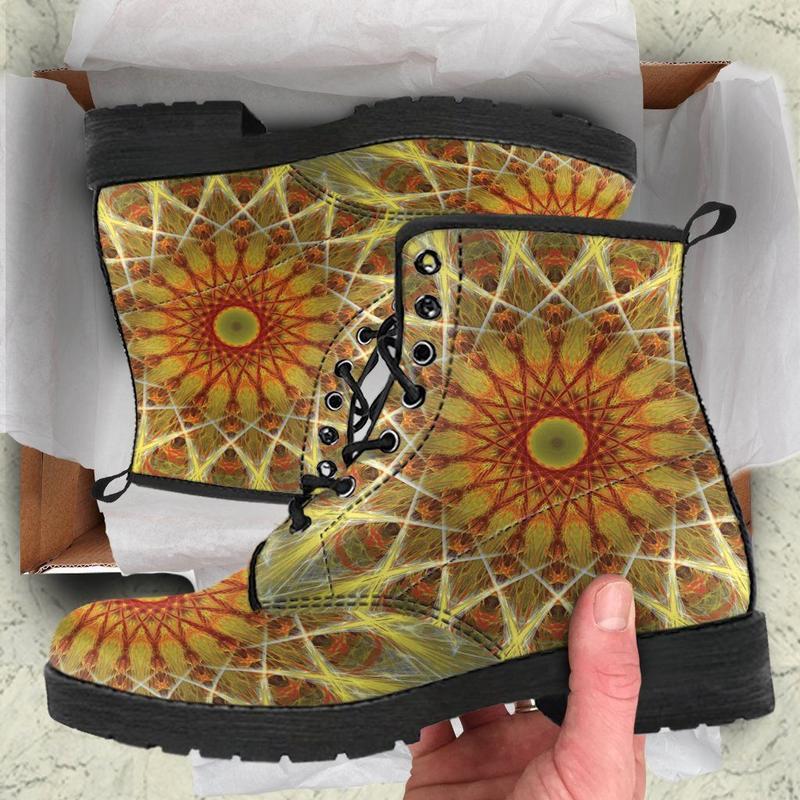 Leather Boots - Yellow Fractal Mandala