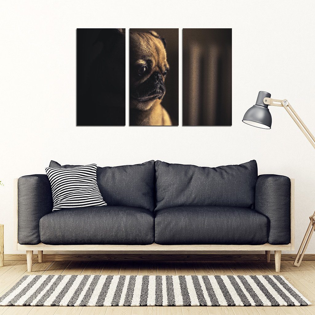 Sad Lonely Pug 3-Piece Wall Art Frame Canvas